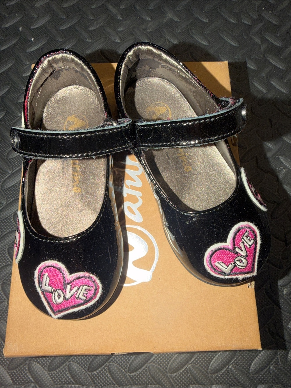 Naturino Black Patent Mary Janes with Pink Heart Patch